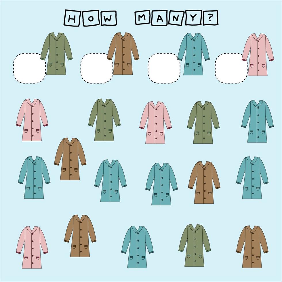 How many counting game with colorful  coat. Worksheet for preschool kids, kids activity sheet, printable worksheet vector