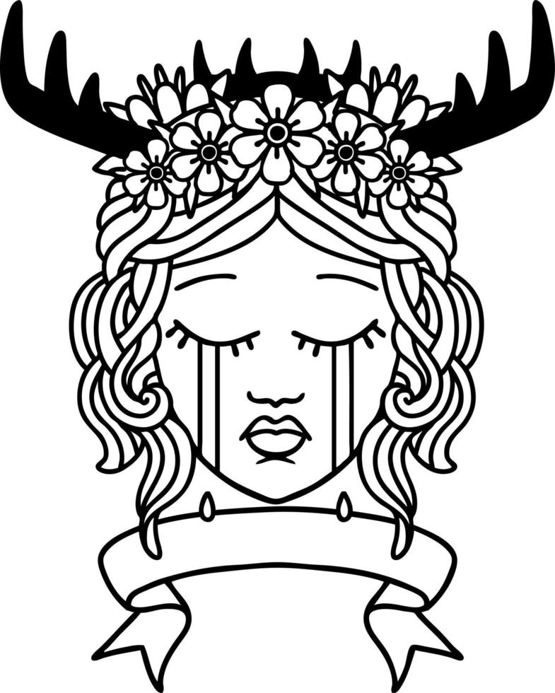 Black and White Tattoo linework Style crying human druid with banner vector