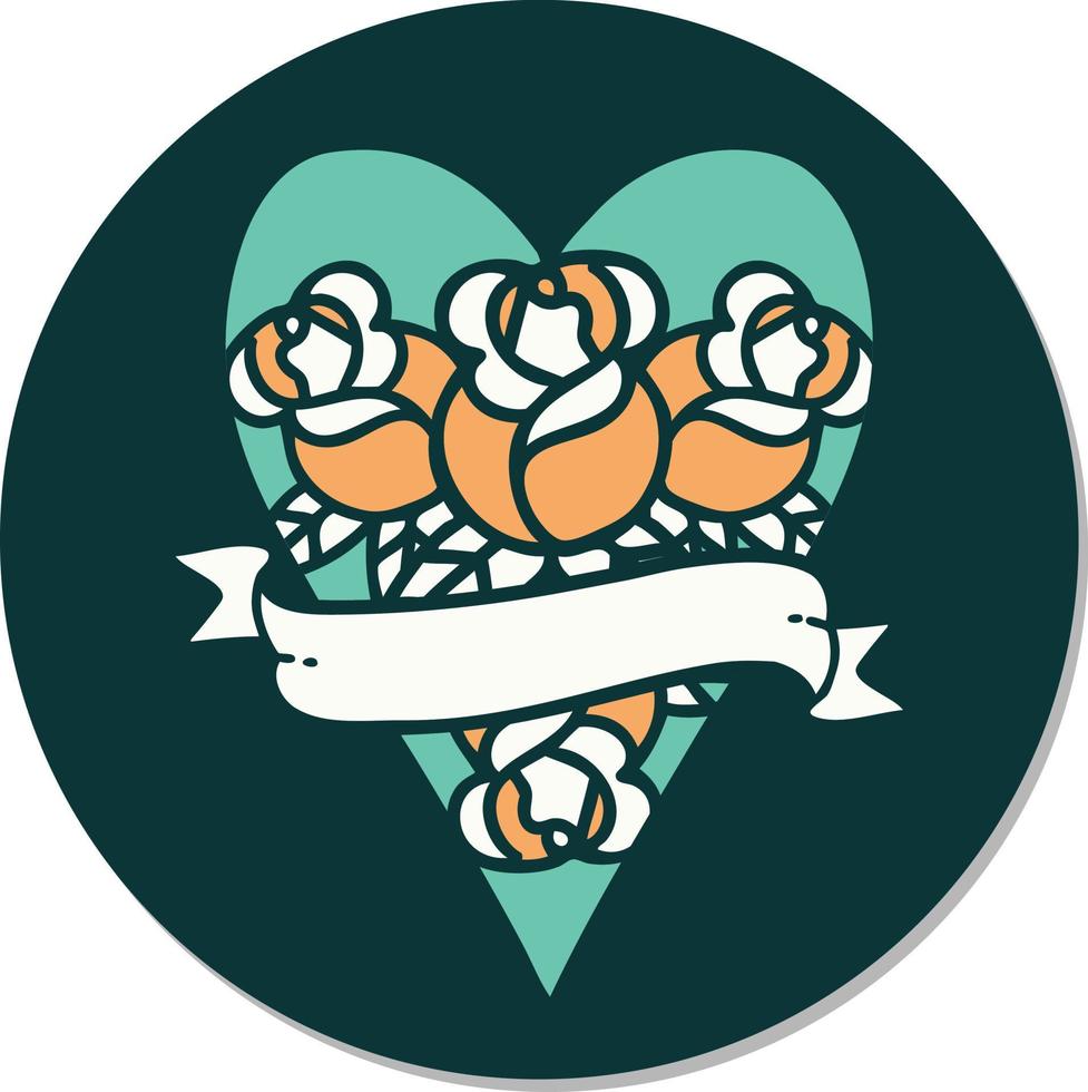 sticker of tattoo in traditional style of a heart and banner with flowers vector