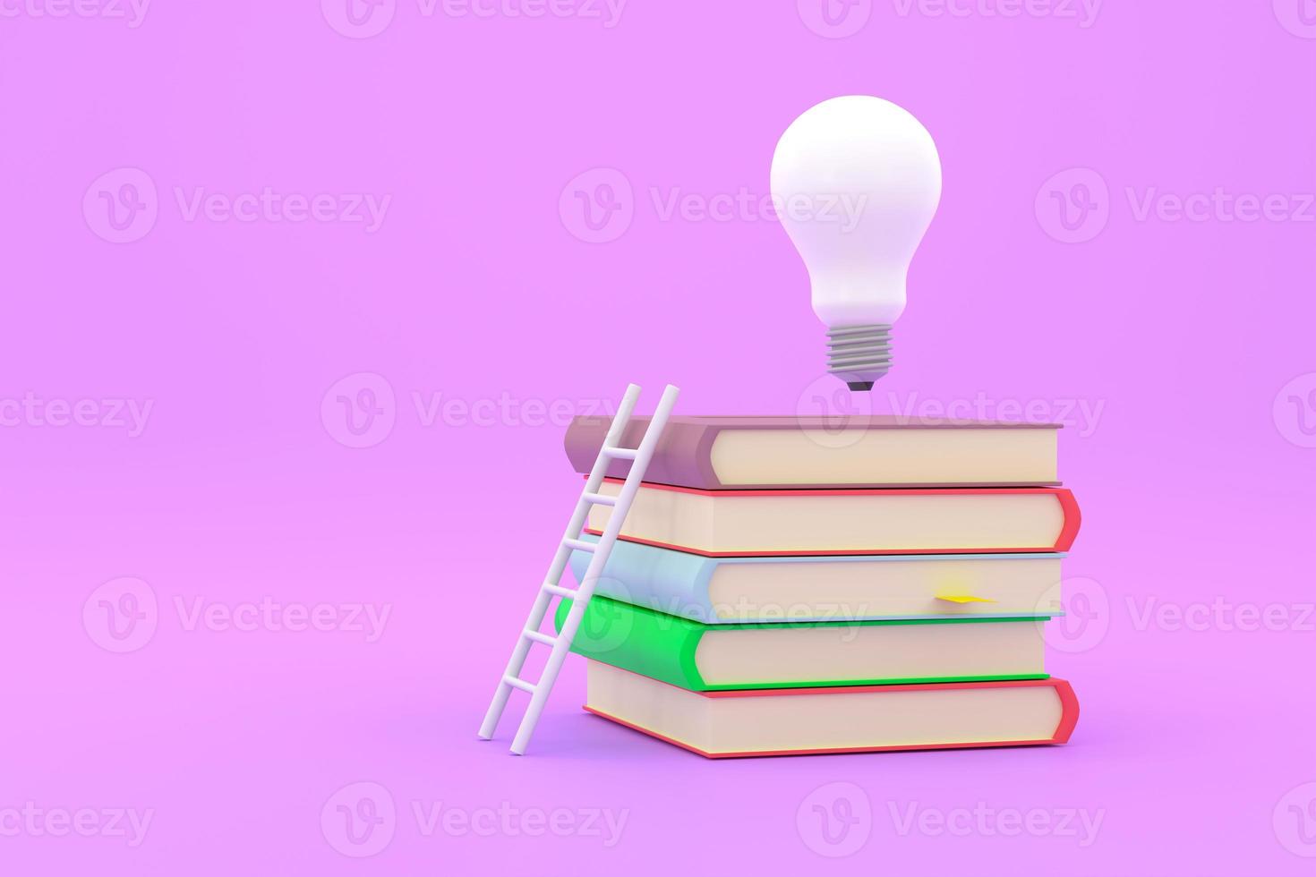 stack of books with white ladder and illuminated light bulb on top of them. photo