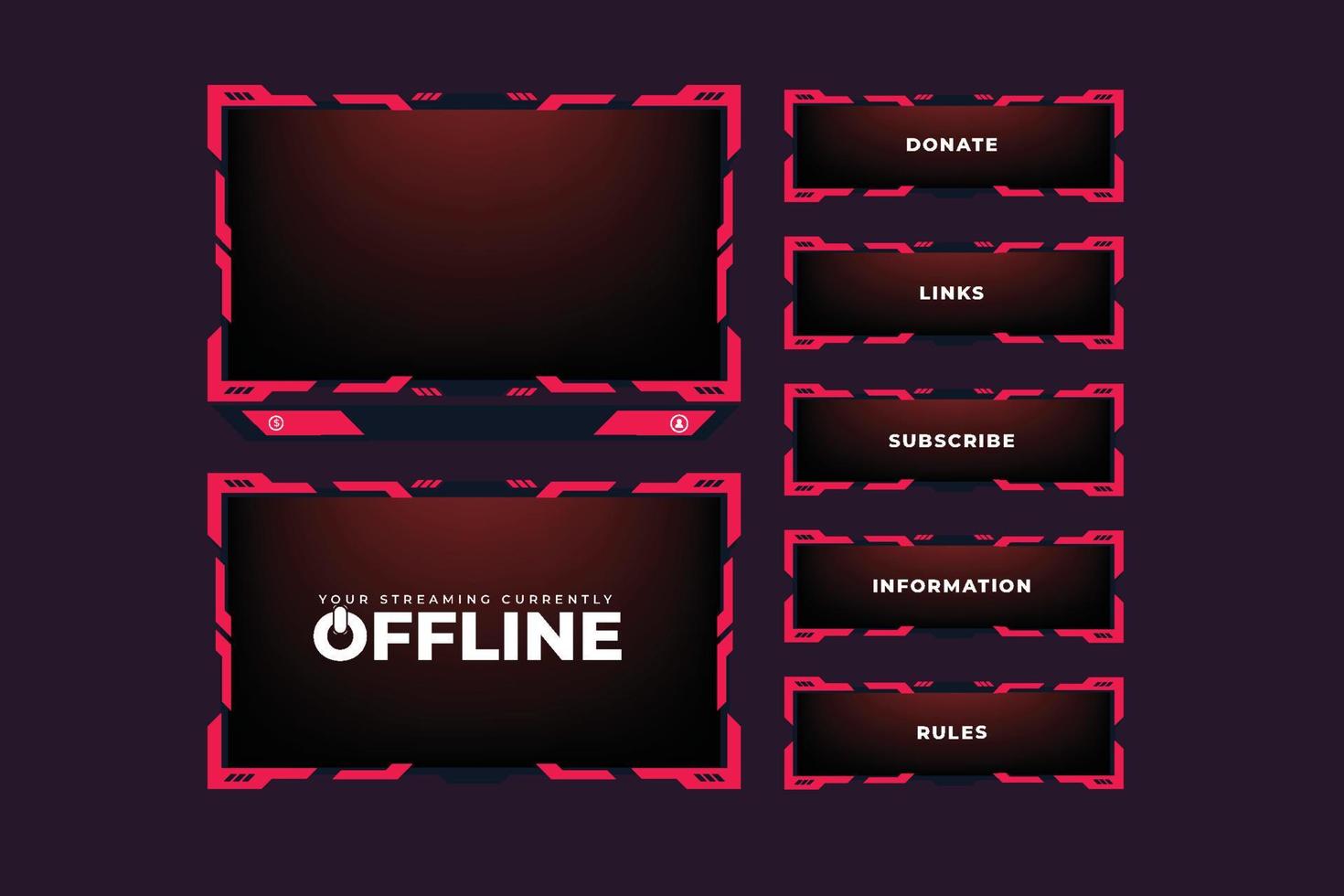 Gaming screen panel design with red borders on a dark background. Live streaming overlay vector with buttons for online gamers. Gamers screen panel decoration with abstract shapes and lights.