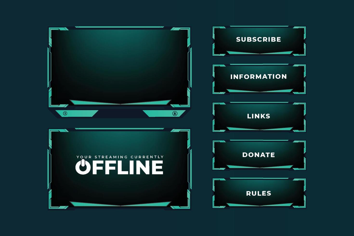 Futuristic gaming overlay vector for screen panels with colorful buttons. Live streaming overlay decoration for online gamers. Green Live stream overlay design with offline screen section.