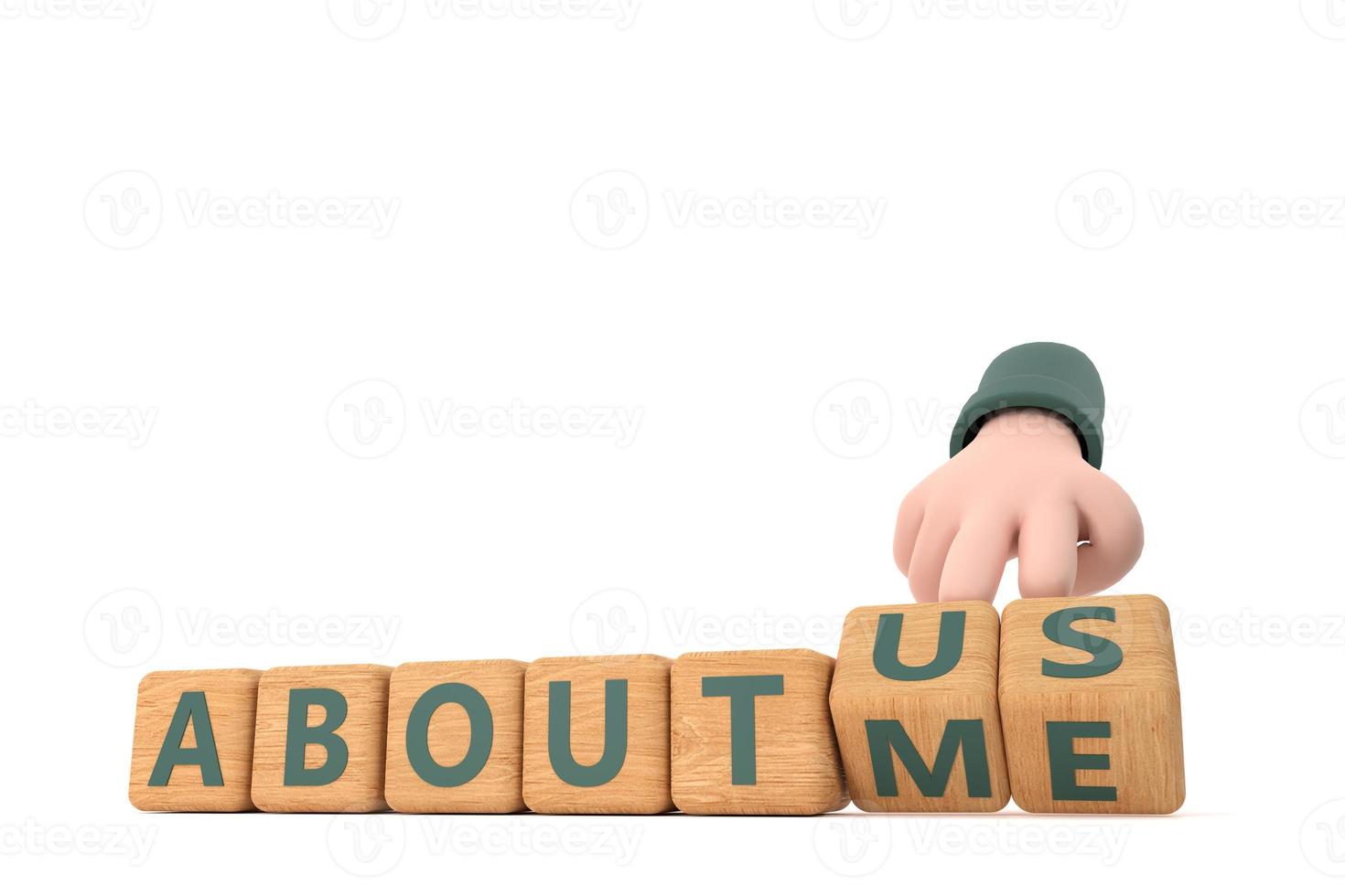 Hand turns dice and changes the word about me to about us. photo