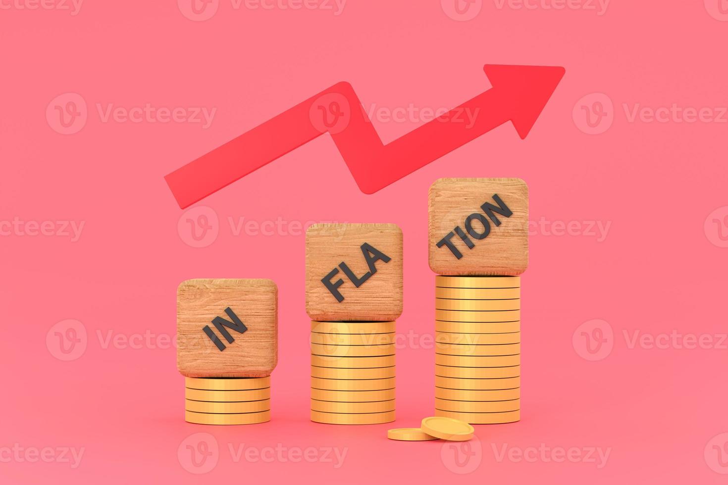 INFLATION word on a wooden cube on coins in idea, world economics, and inflation control photo