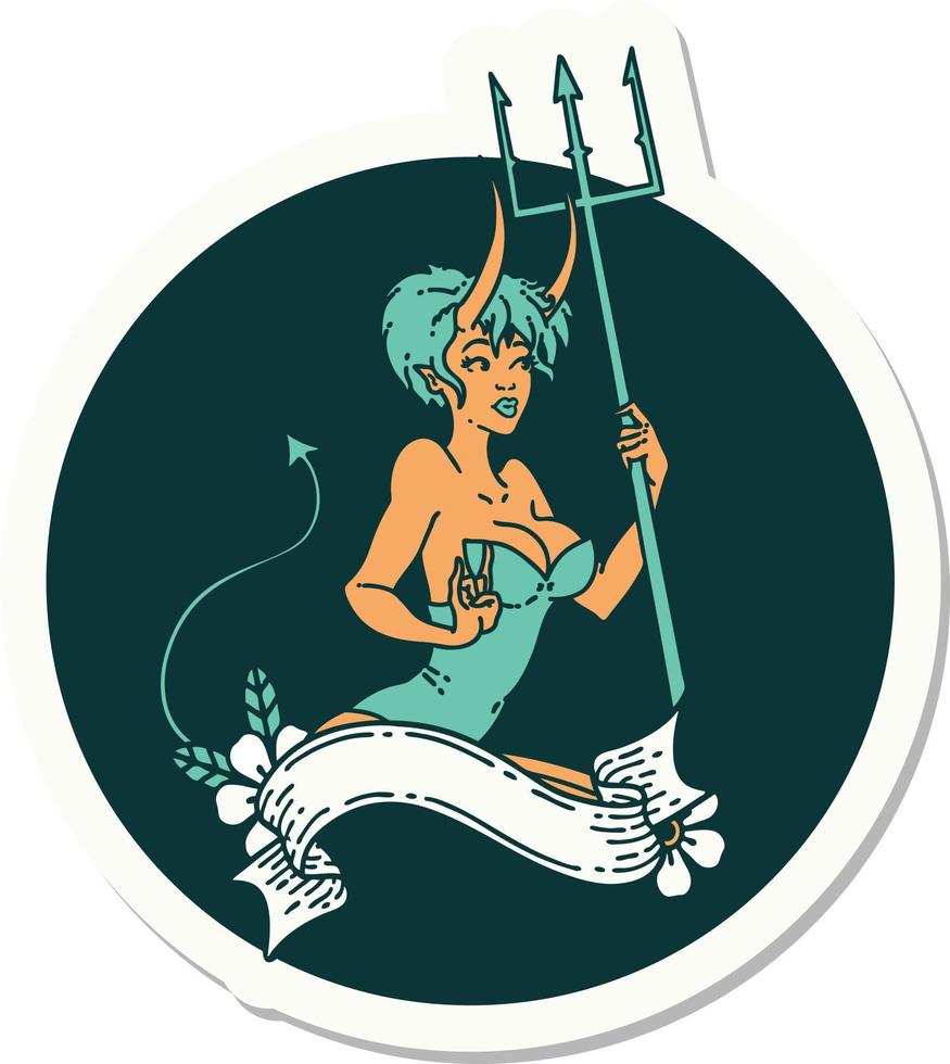 sticker of tattoo in traditional style of a pinup devil girl with banner vector