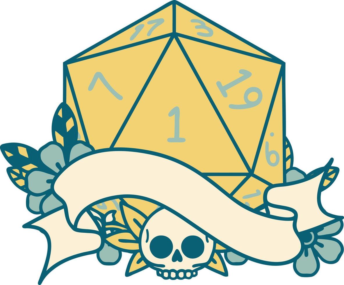 Retro Tattoo Style natural one d20 dice roll vector