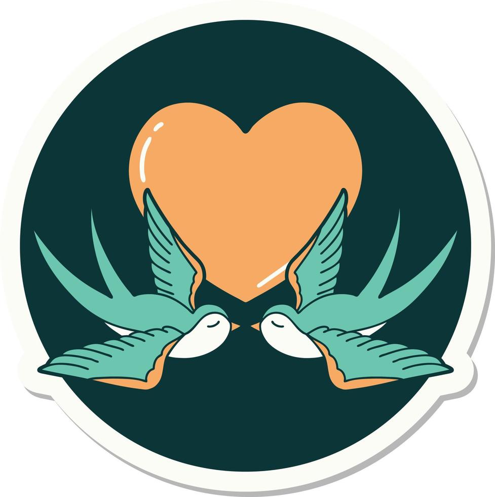 sticker of tattoo in traditional style of swallows and a heart vector