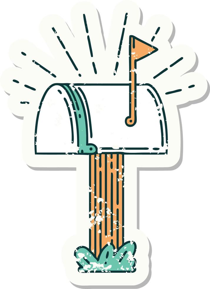 worn old sticker of a tattoo style closed mailbox vector