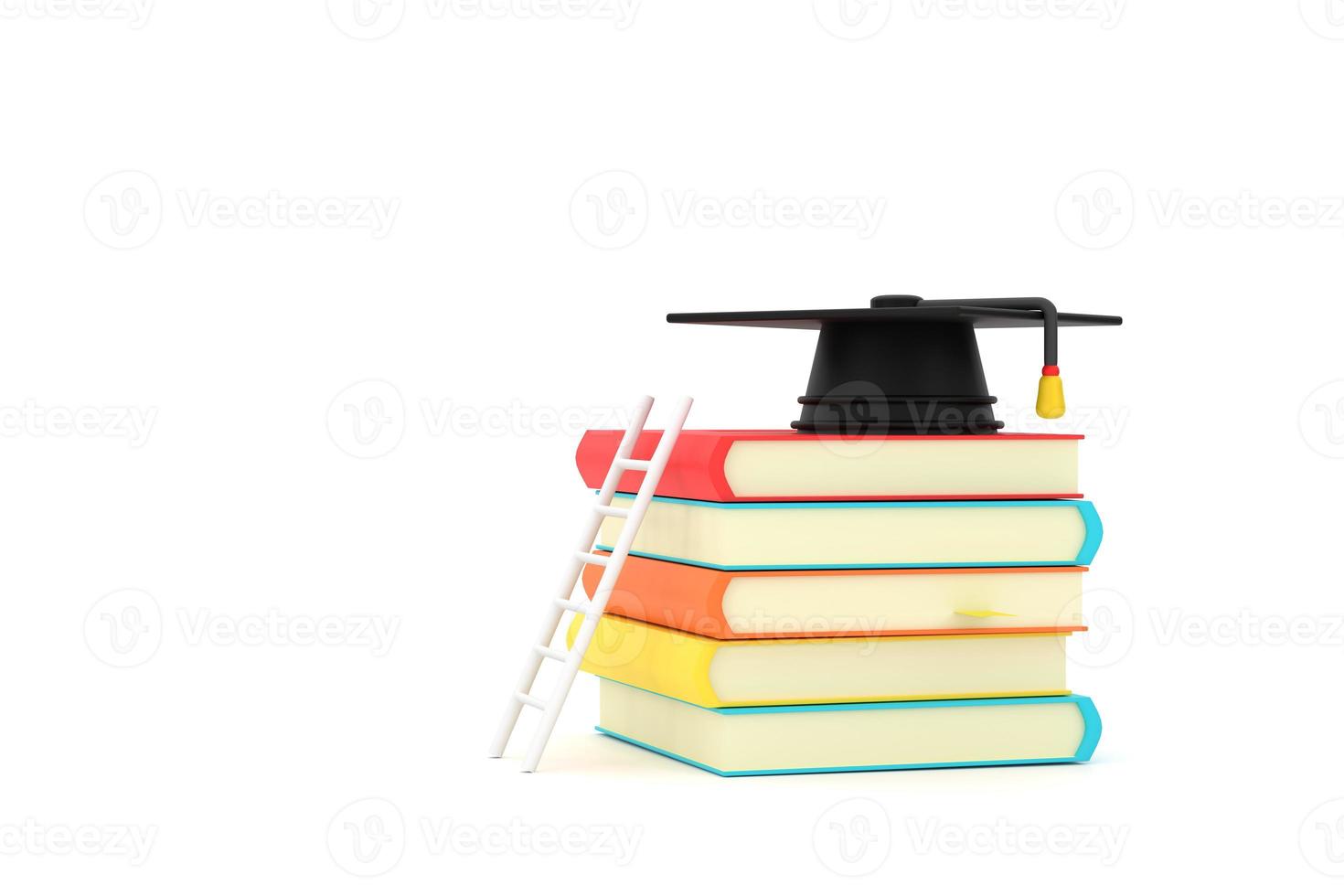 About Education Featuring a Ladder Resting Against a Pile of Books With a Graduation Cap on Top photo