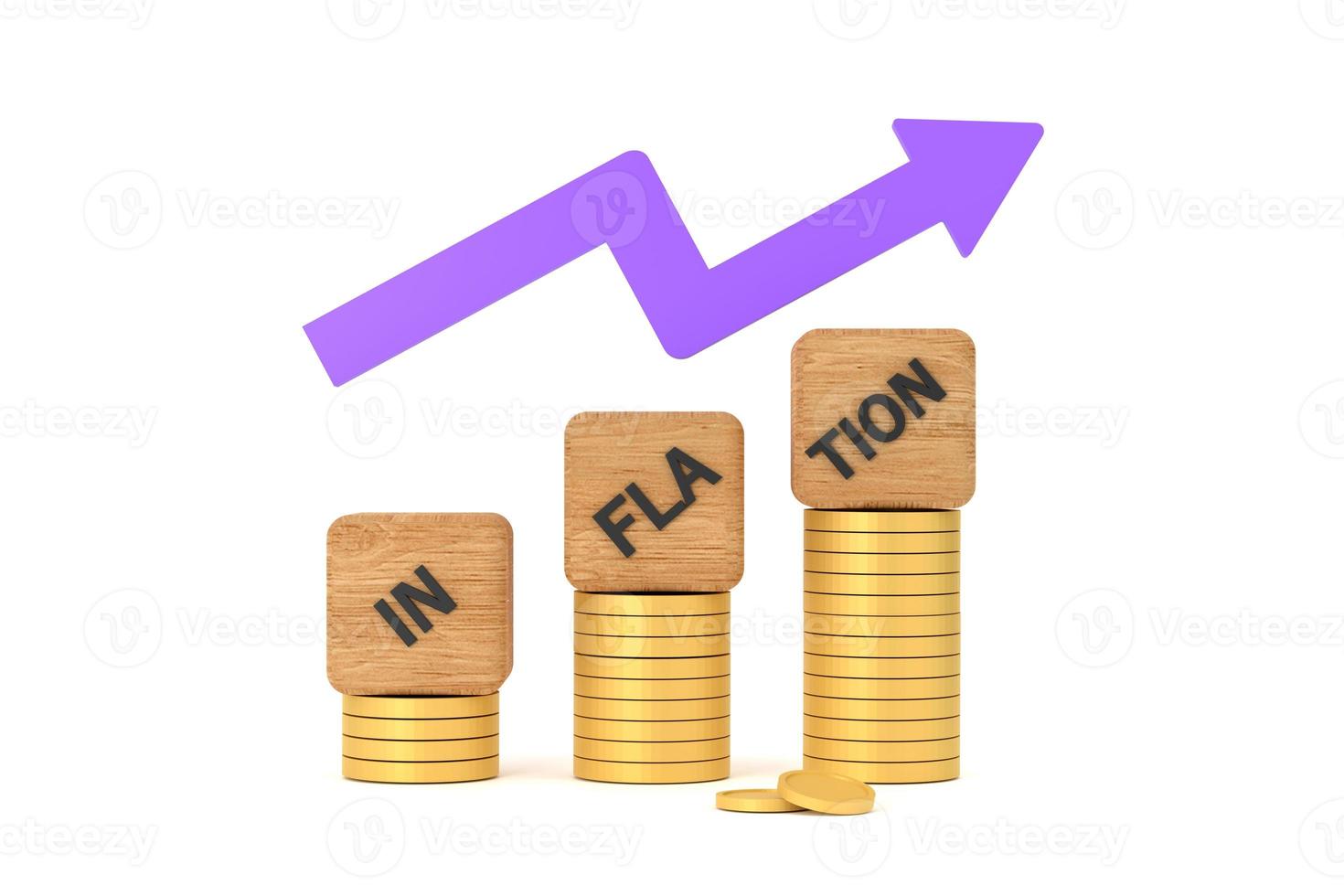 INFLATION word on a wooden cube on coins in idea, world economics, and inflation control photo