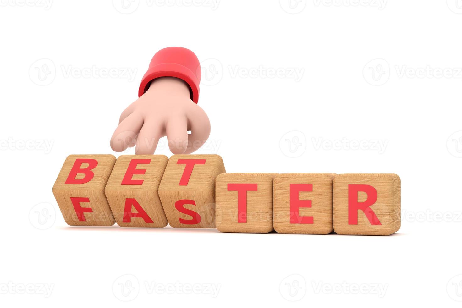 Hand turns dice and changes the word better to faster. photo