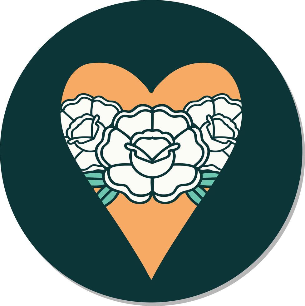 sticker of tattoo in traditional style of a heart and flowers vector