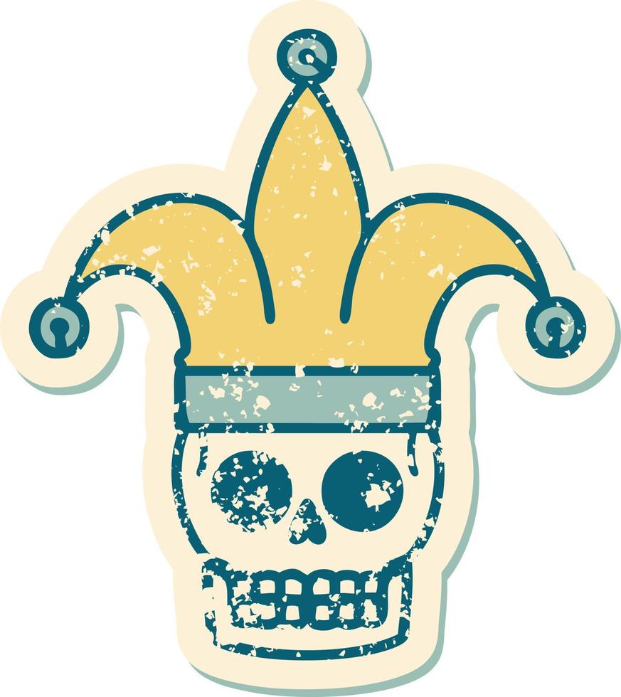 iconic distressed sticker tattoo style image of a skull jester vector