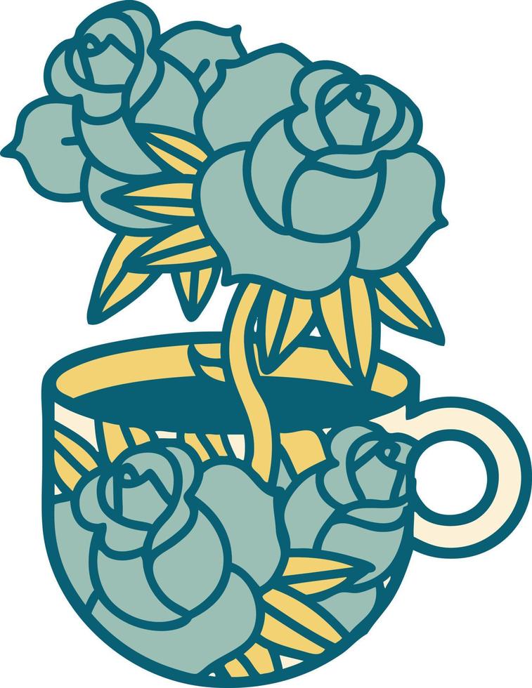 imagen icónica de estilo tatuaje de una taza y flores vector