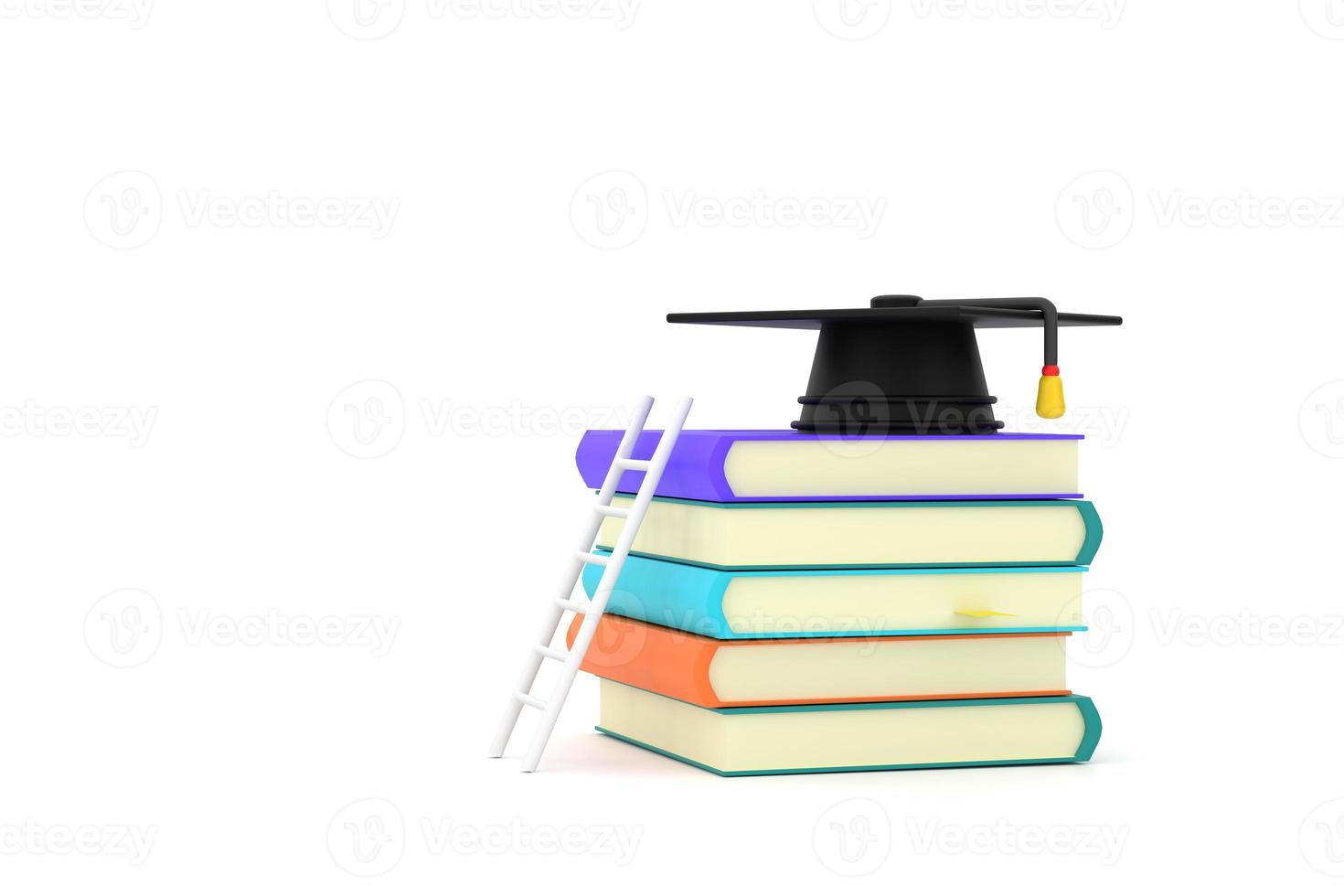 About Education Featuring a Ladder Resting Against a Pile of Books With a Graduation Cap on Top photo