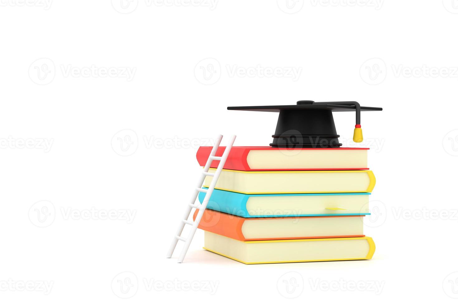 About Education Featuring a Ladder Resting Against a Pile of Books With a Graduation Cap on Top photo