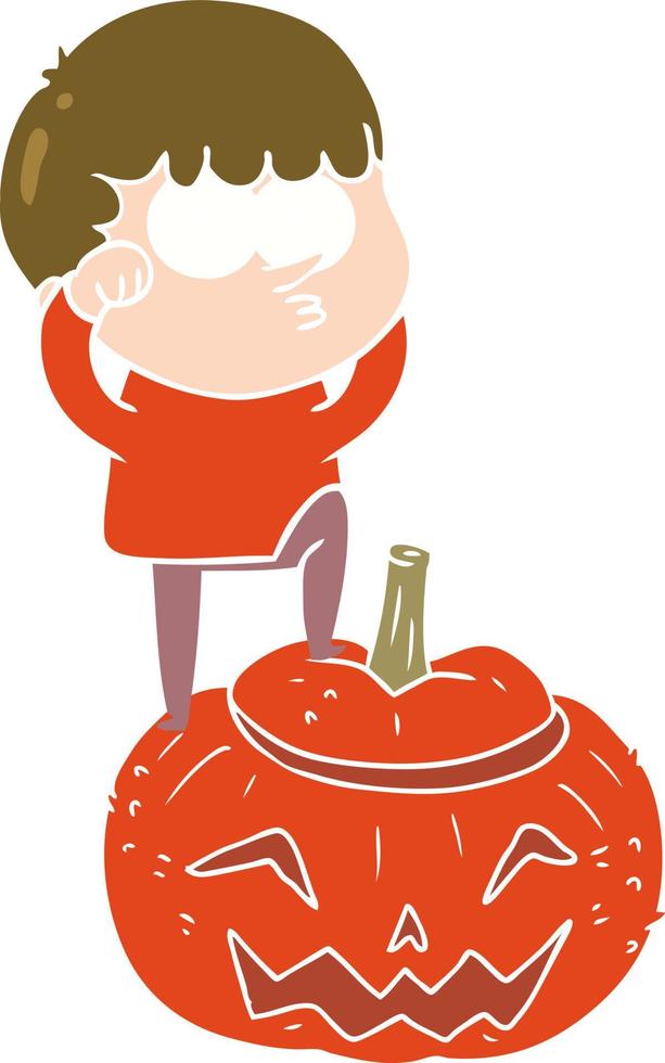 flat color style cartoon boy on huge pumpkin vector