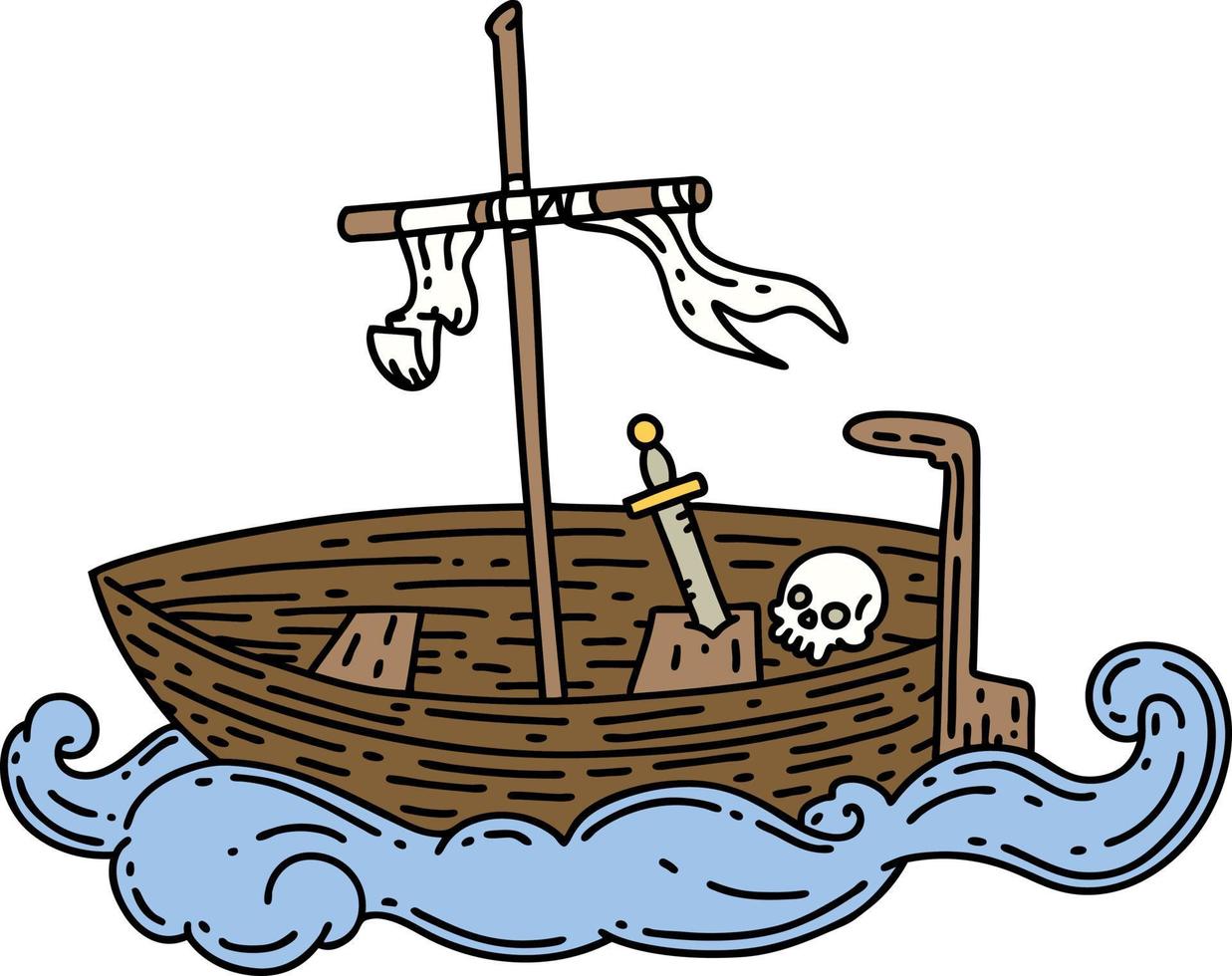 ilustración de un barco vacío estilo tatuaje tradicional con calavera vector