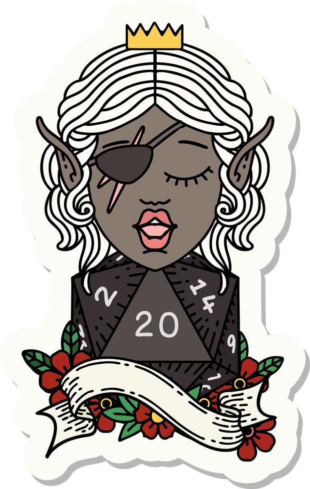 sticker of a elf rogue with natural twenty dice roll vector