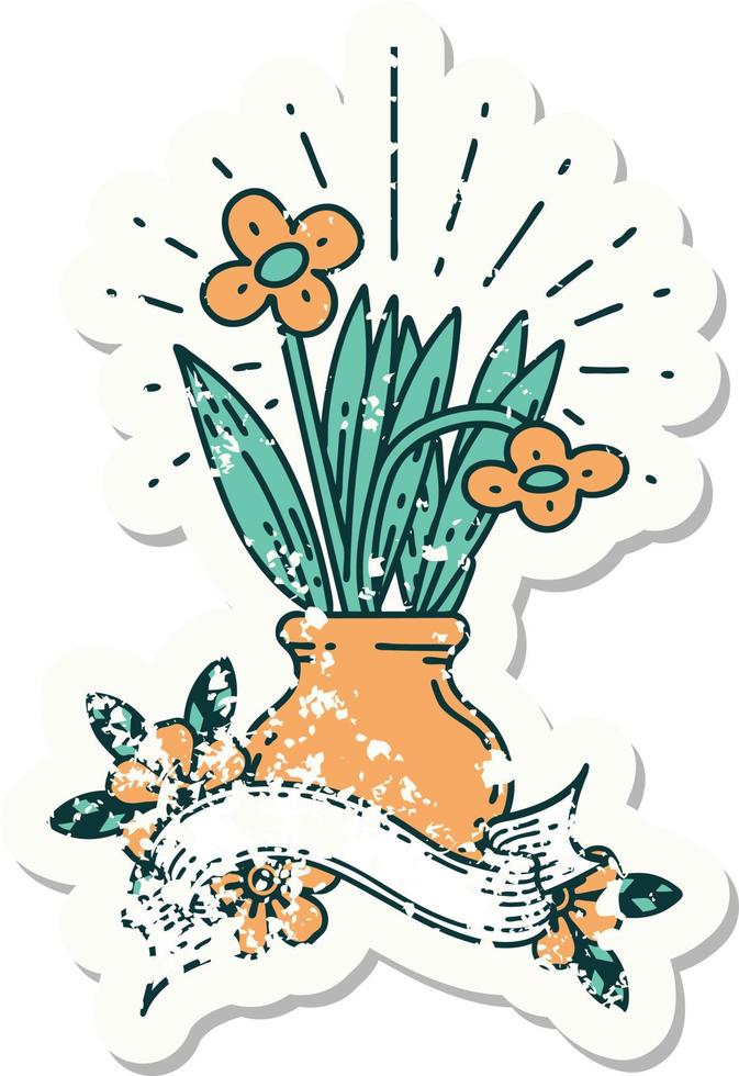 worn old sticker of a tattoo style flowers in vase vector