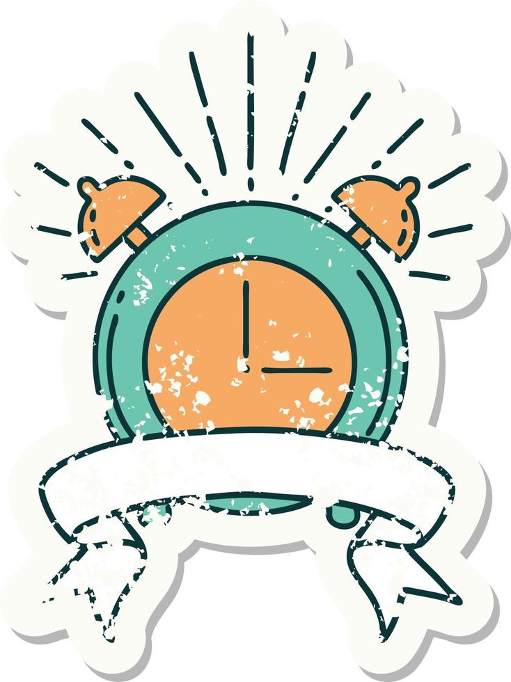 worn old sticker of a tattoo style ringing alarm clock vector