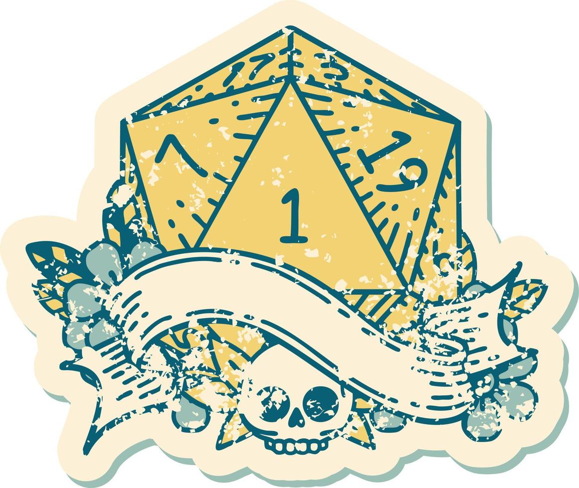 Retro Tattoo Style natural one d20 dice roll vector