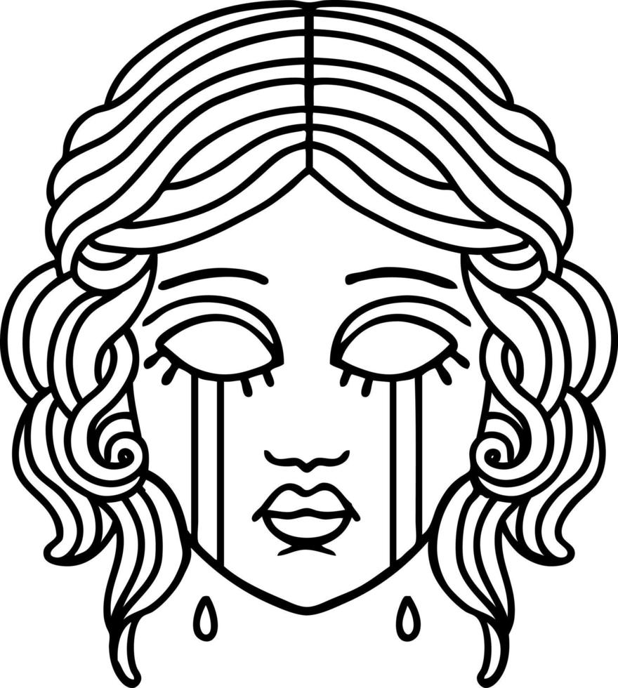 tattoo in black line style of female face crying vector