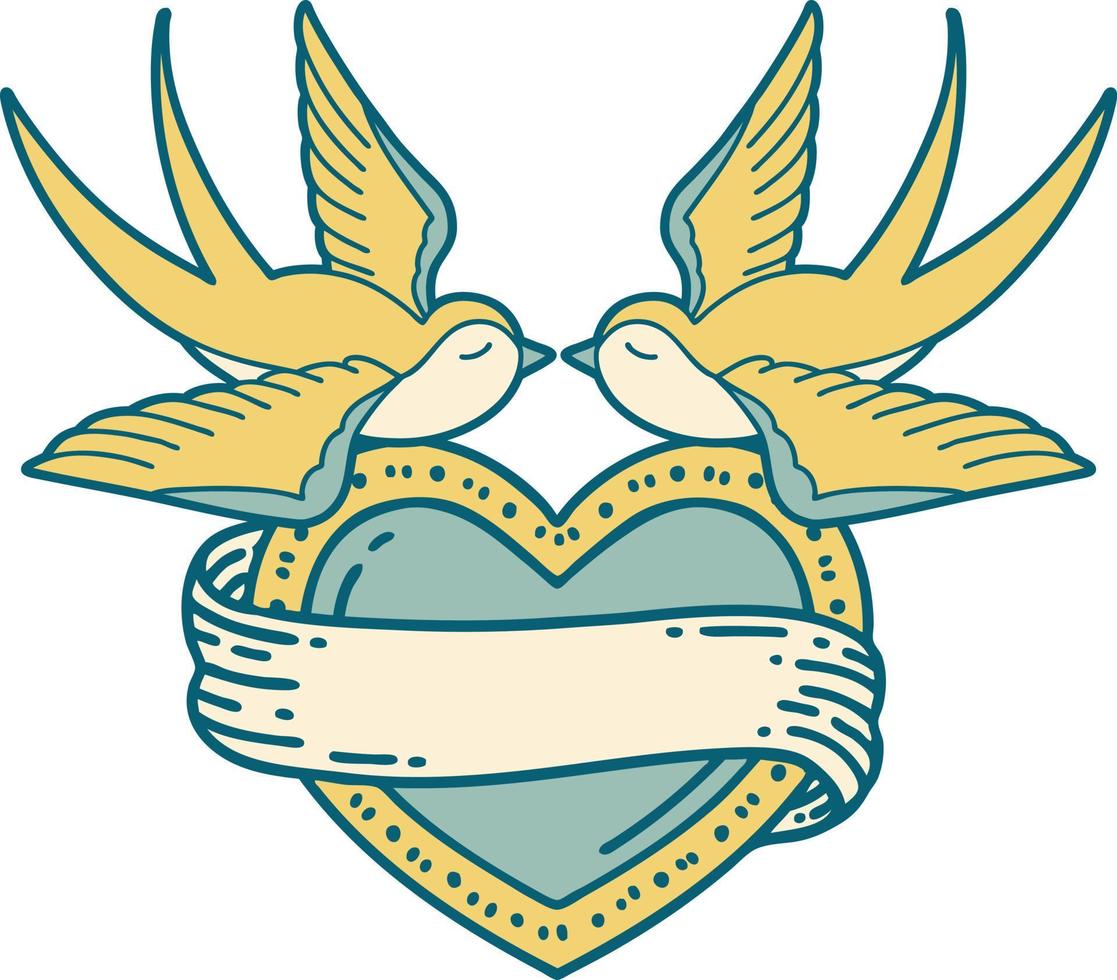 iconic tattoo style image of swallows and a heart with banner vector