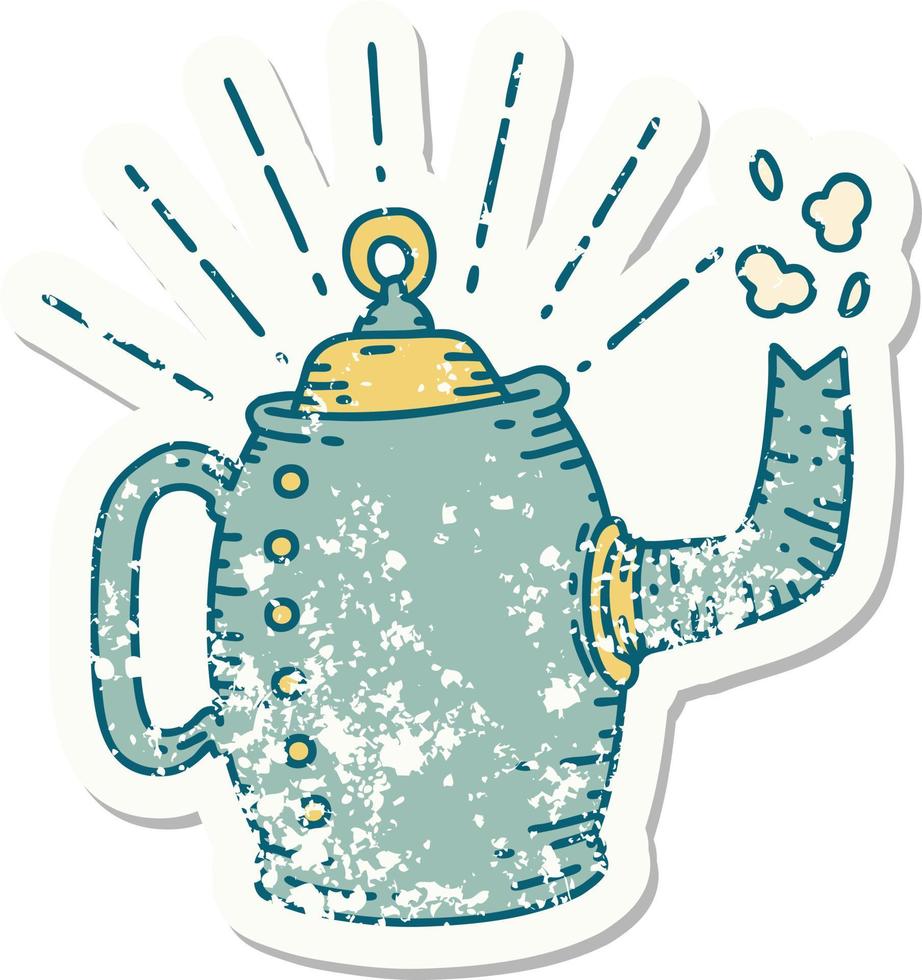 worn old sticker of a tattoo style old coffee pot steaming vector