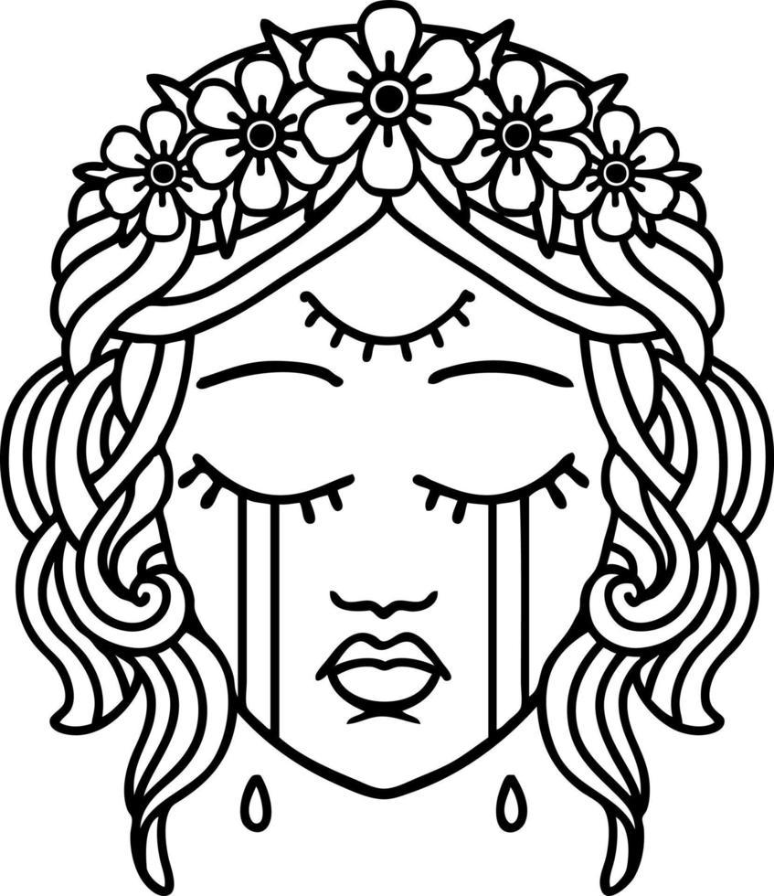 tattoo in black line style of female face with third eye and crown of flowers cyring vector