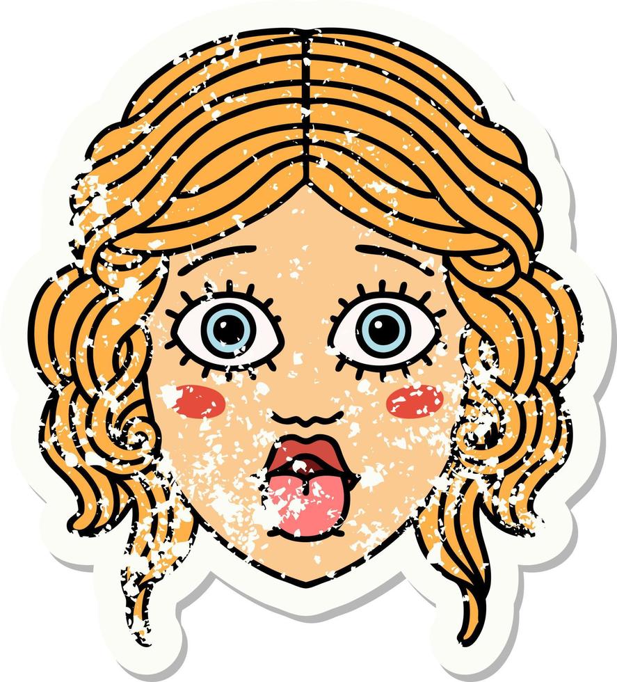 distressed sticker tattoo in traditional style of female face sticking out tongue vector