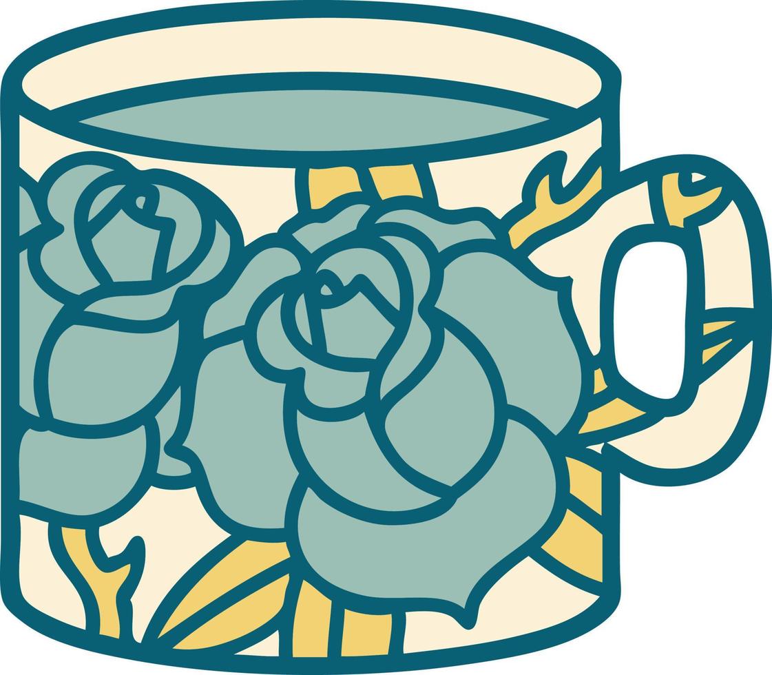 imagen icónica de estilo tatuaje de una taza y flores vector