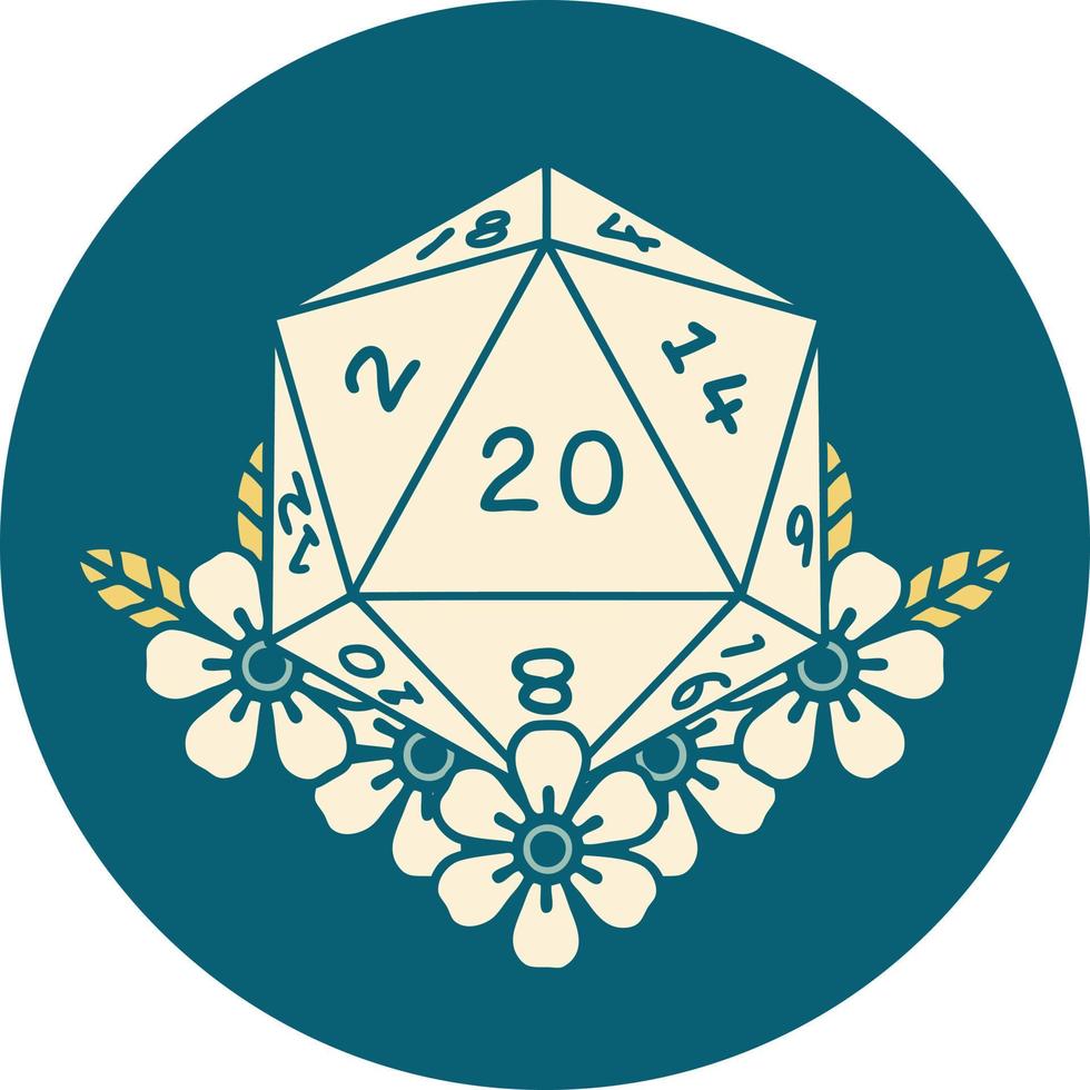 Retro Tattoo Style natural 20 D20 dice roll with floral elements vector