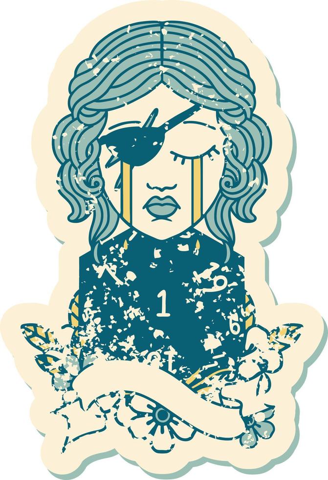 Retro Tattoo Style crying human rogue with natural one D20 roll vector