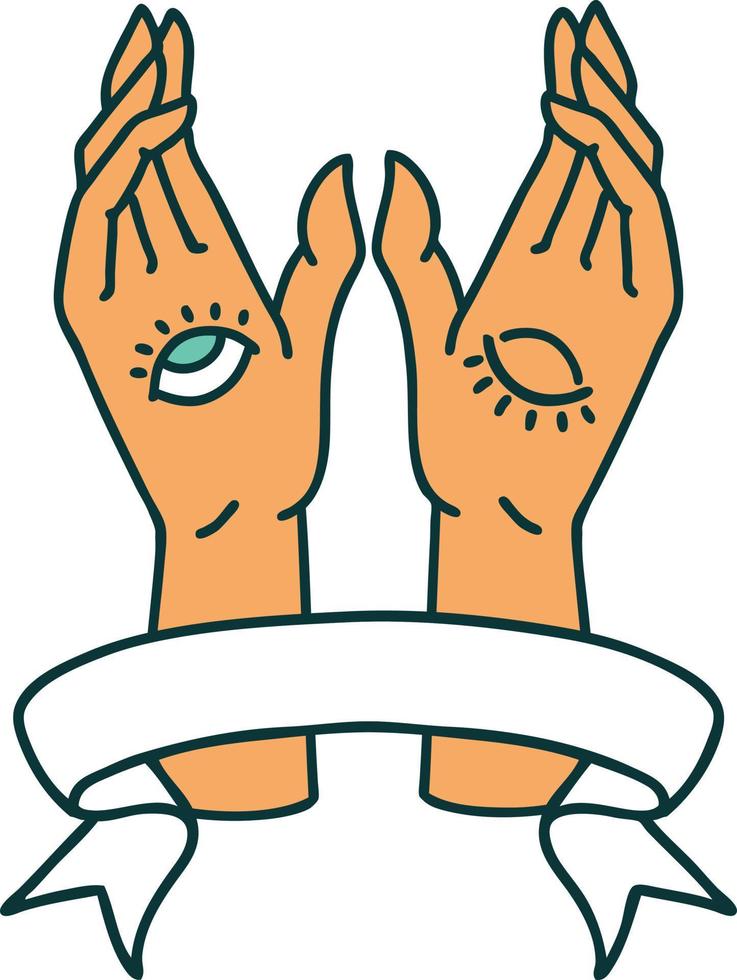 traditional tattoo with banner of mystic hands vector