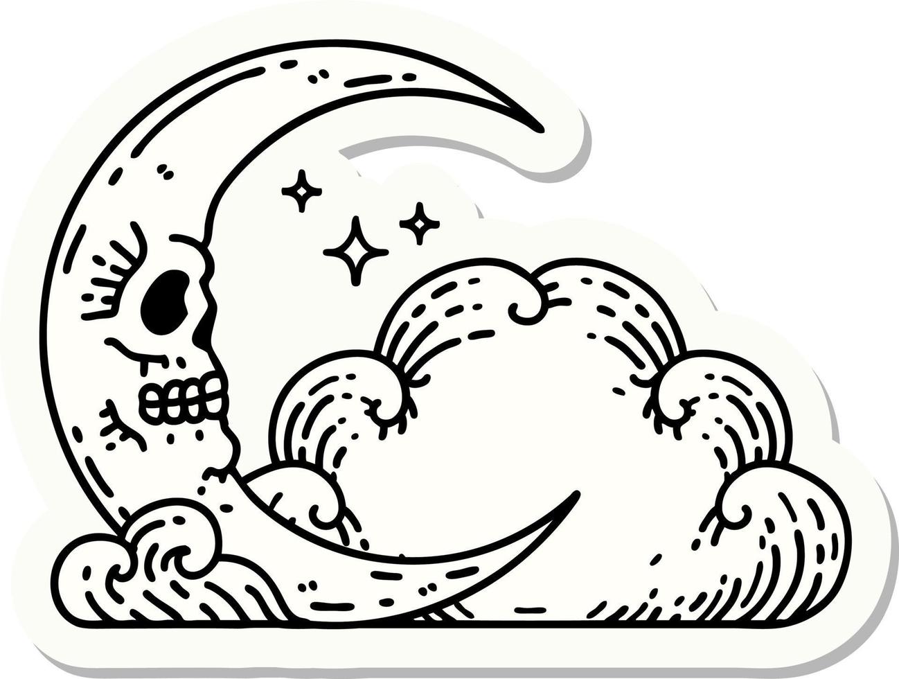 sticker of tattoo in traditional style of a skull crescent moon and clouds vector