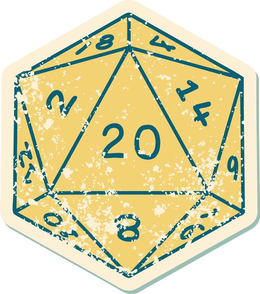 iconic distressed sticker tattoo style image of a d20 dice vector