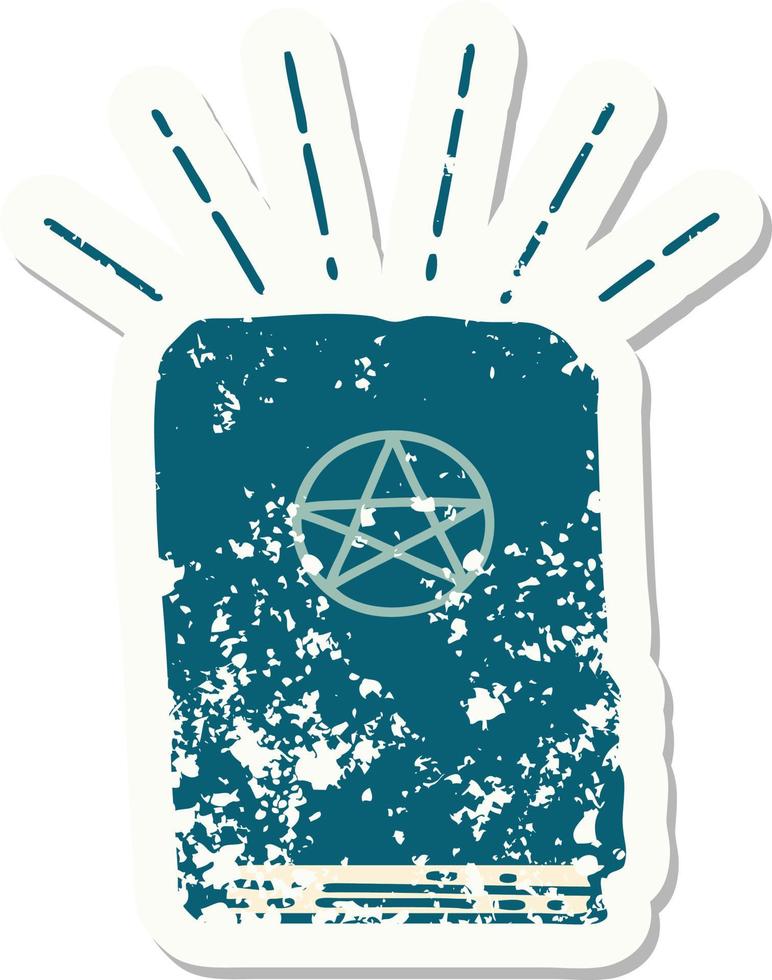 worn old sticker of a tattoo style spellbook vector