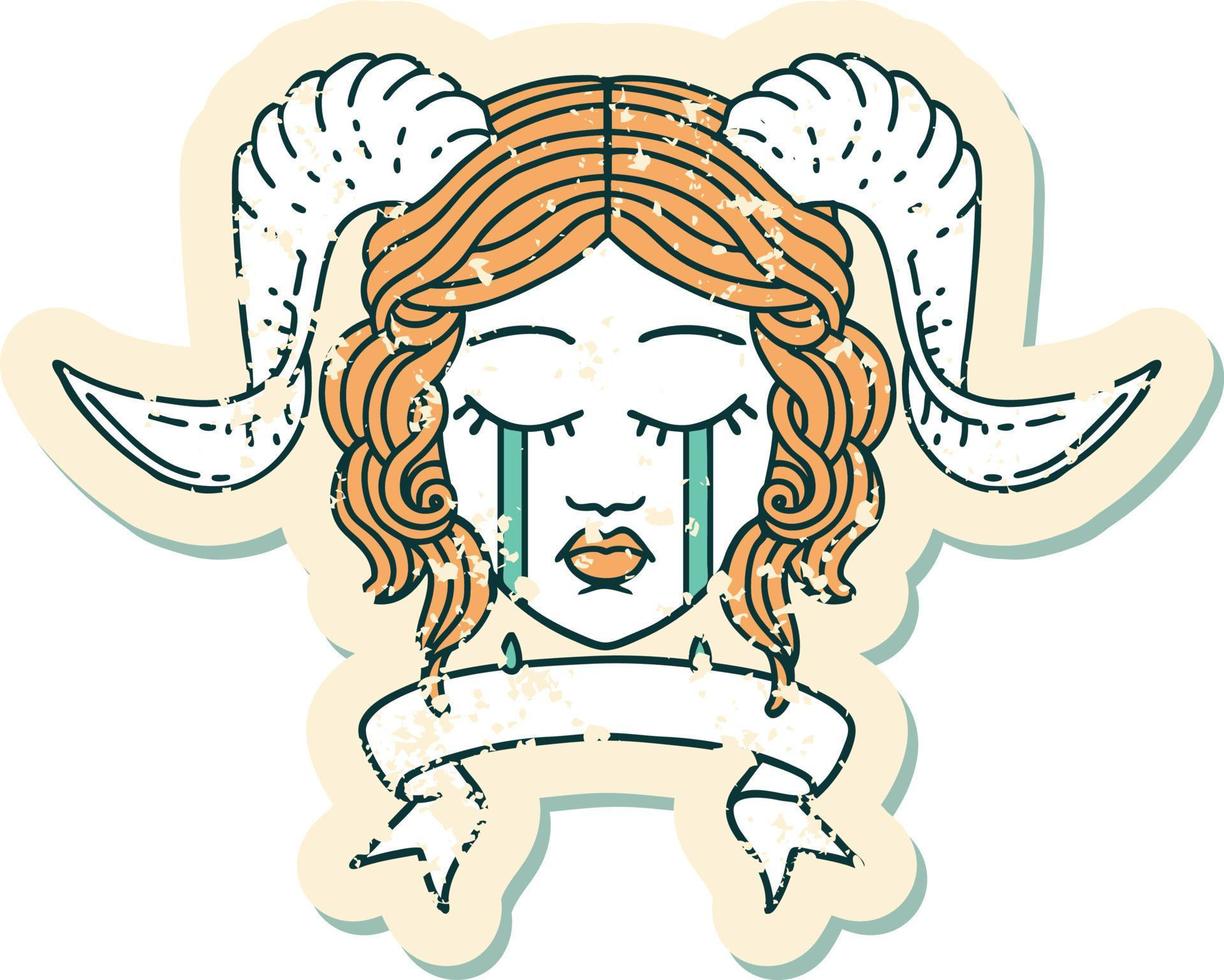 Retro Tattoo Style crying tiefling with scroll banner vector