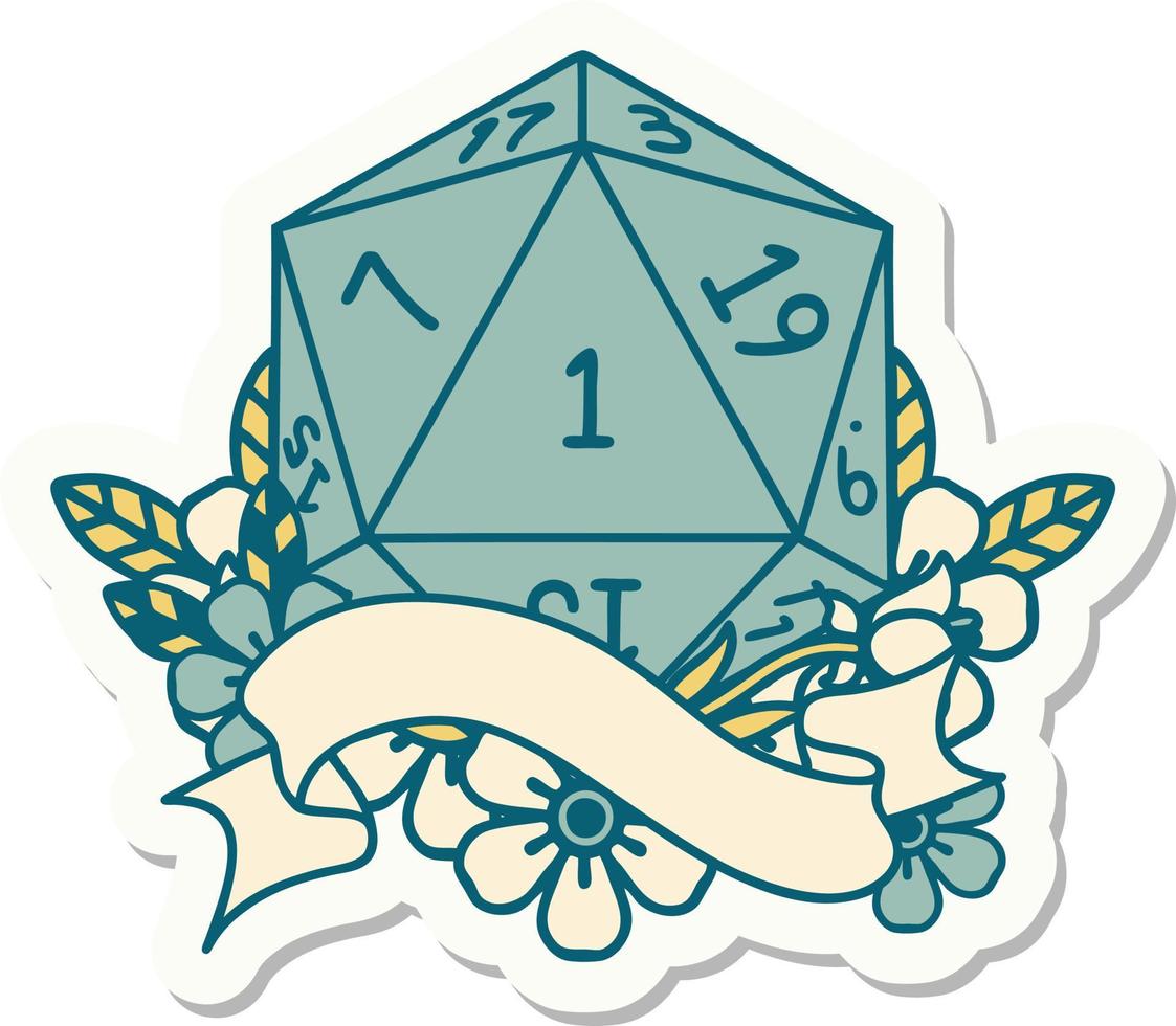 sticker of a natural one d20 dice roll vector