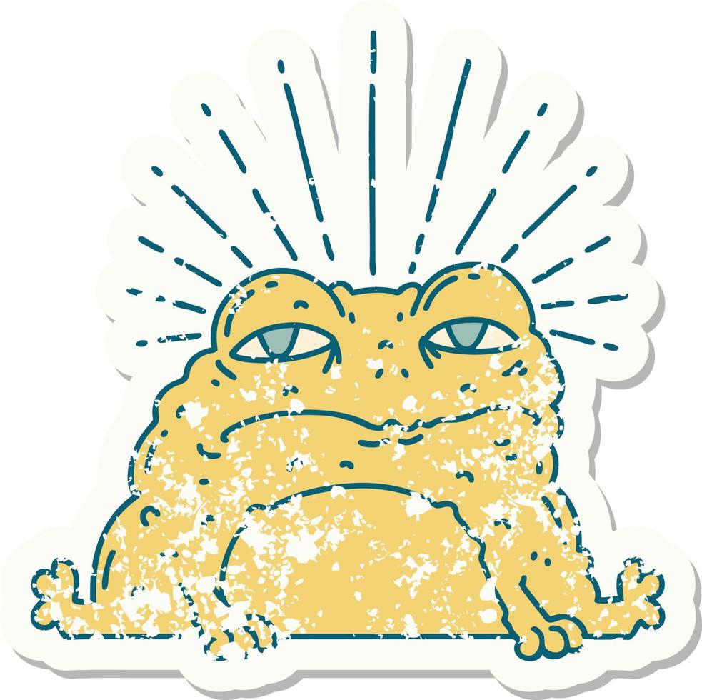 worn old sticker of a tattoo style toad character vector