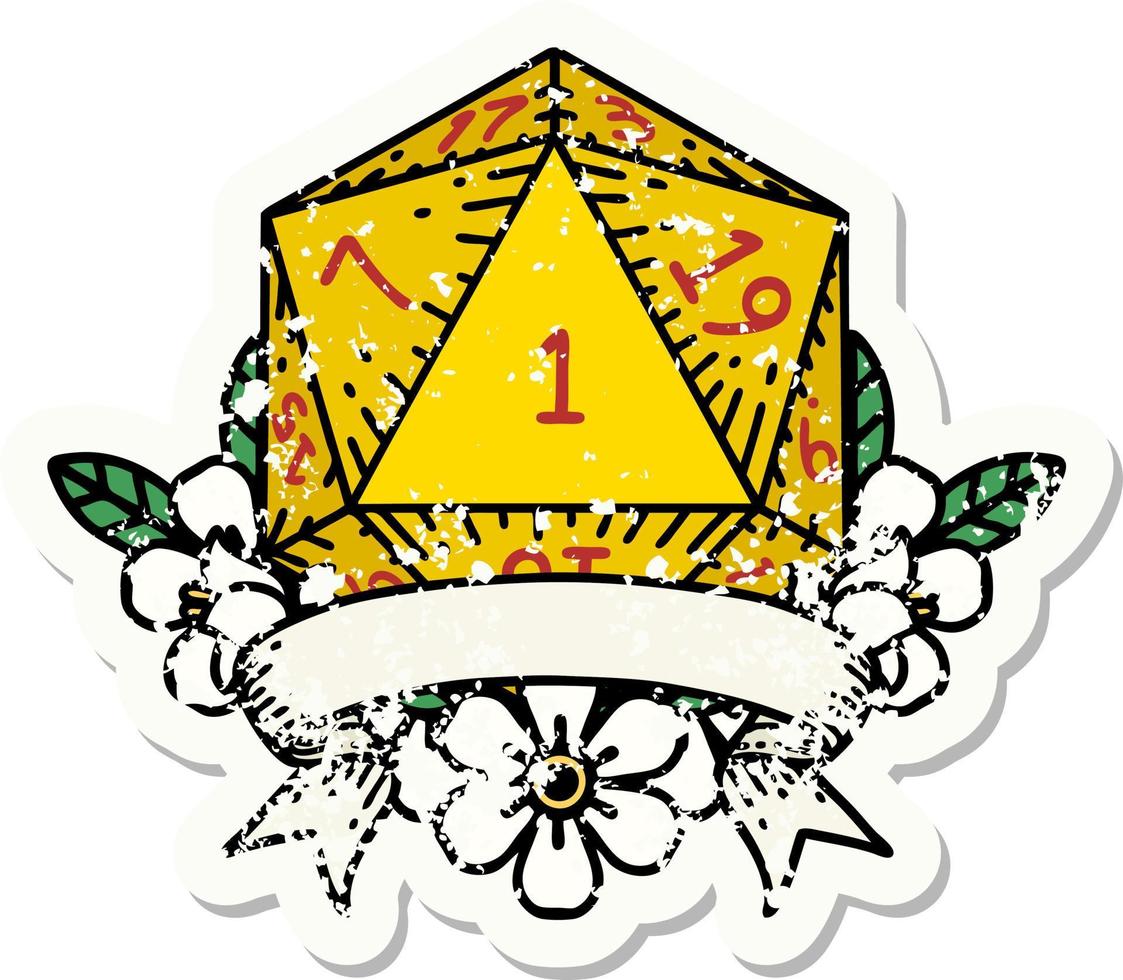 grunge sticker of a natural one d20 dice roll vector