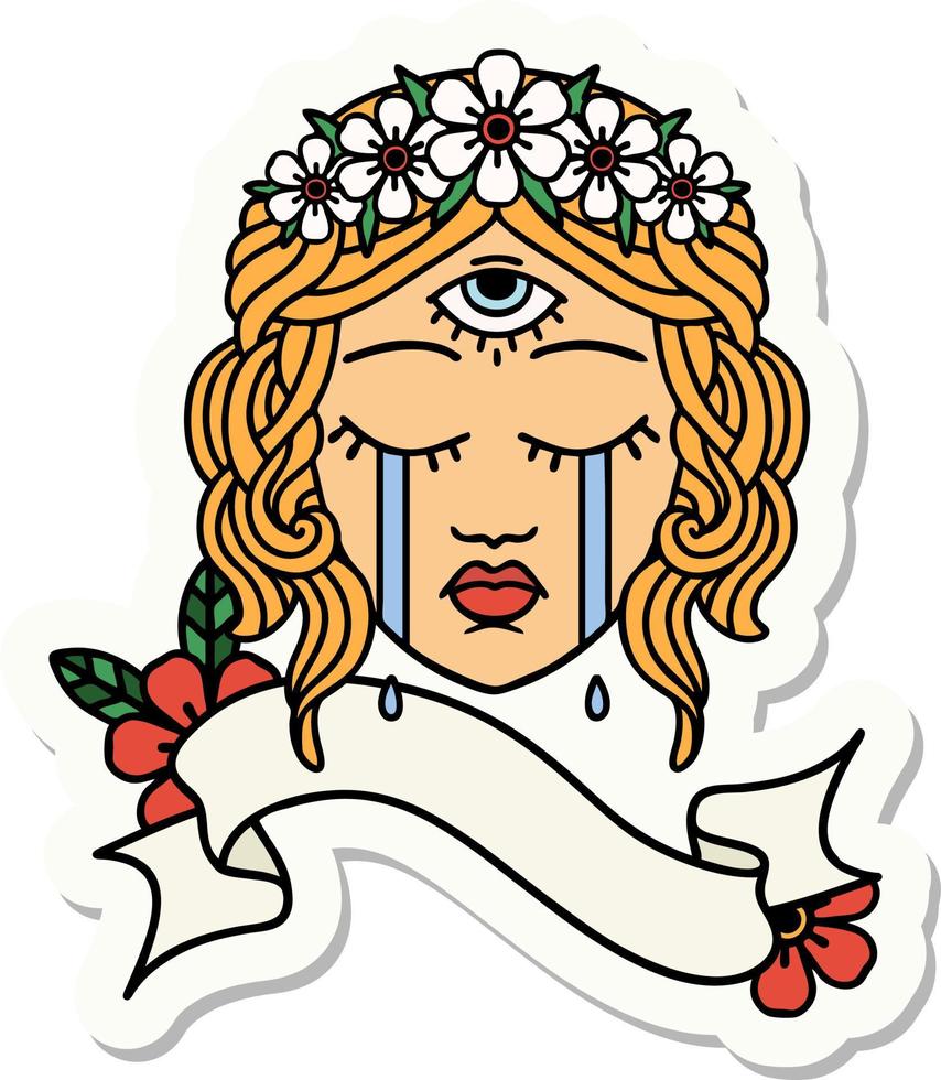 tattoo style sticker with banner of female face with mystic third eye crying vector