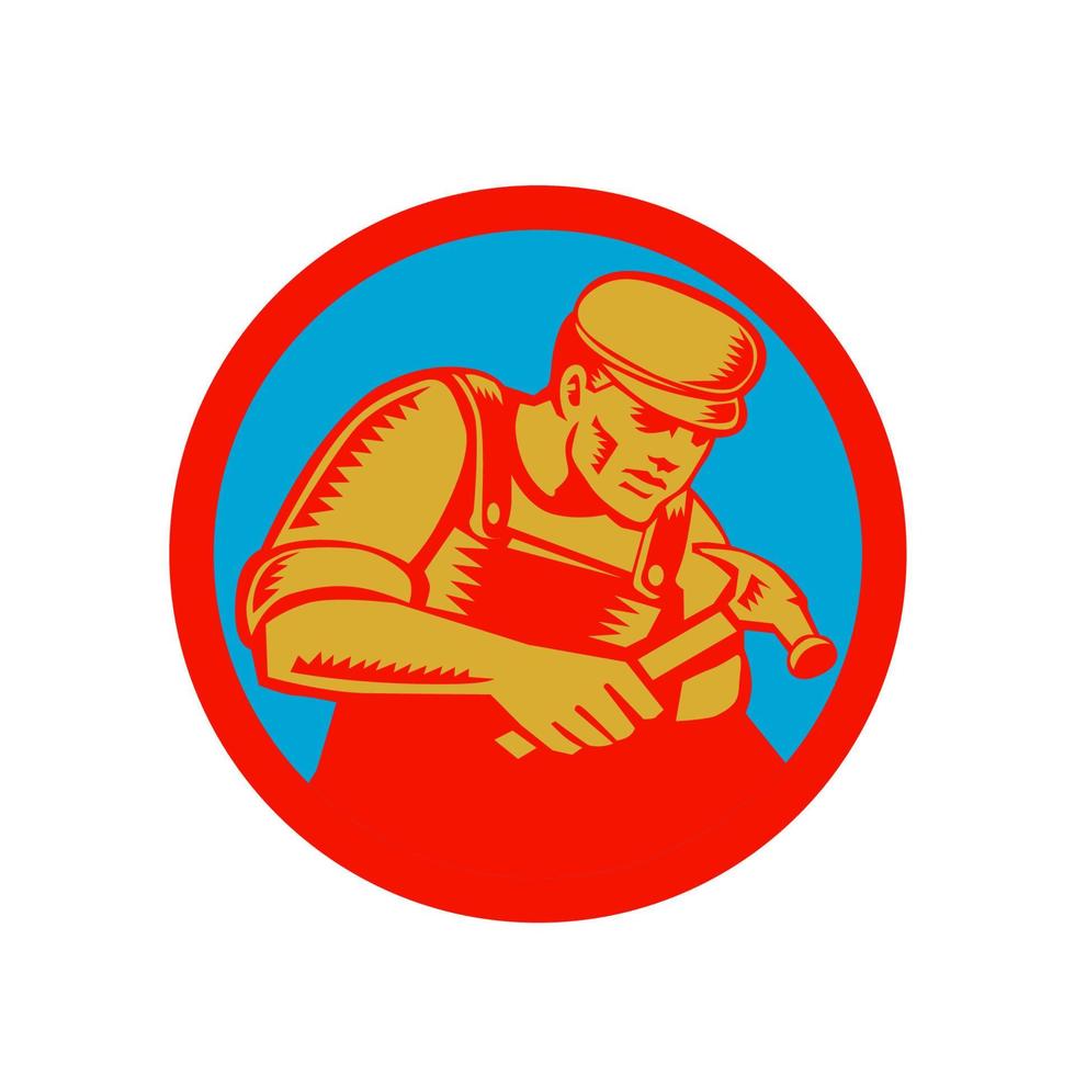 Carpenter With Hammer Circle Woodcut vector