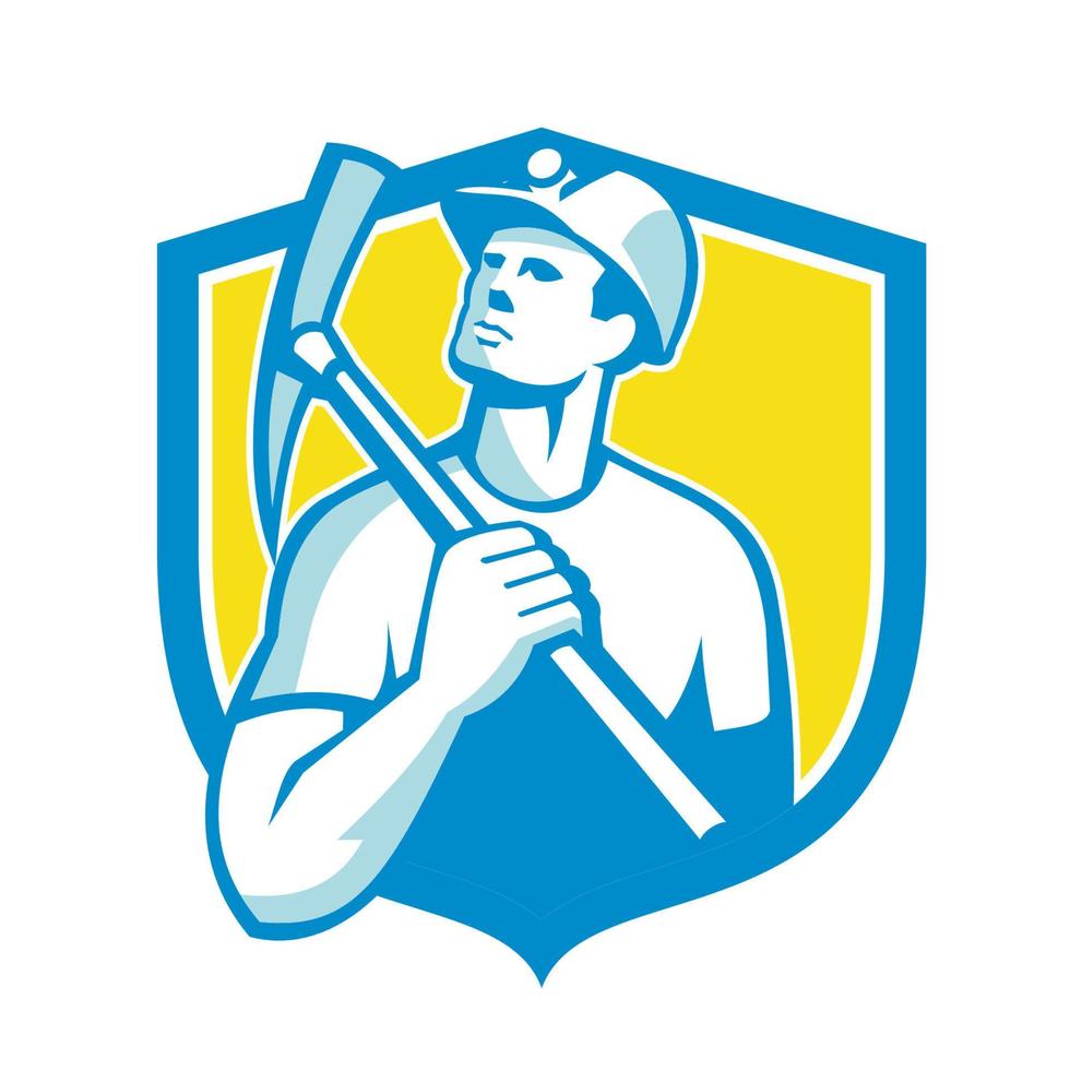 Coal Miner Holding Pick Axe Looking Up Shield Retro vector