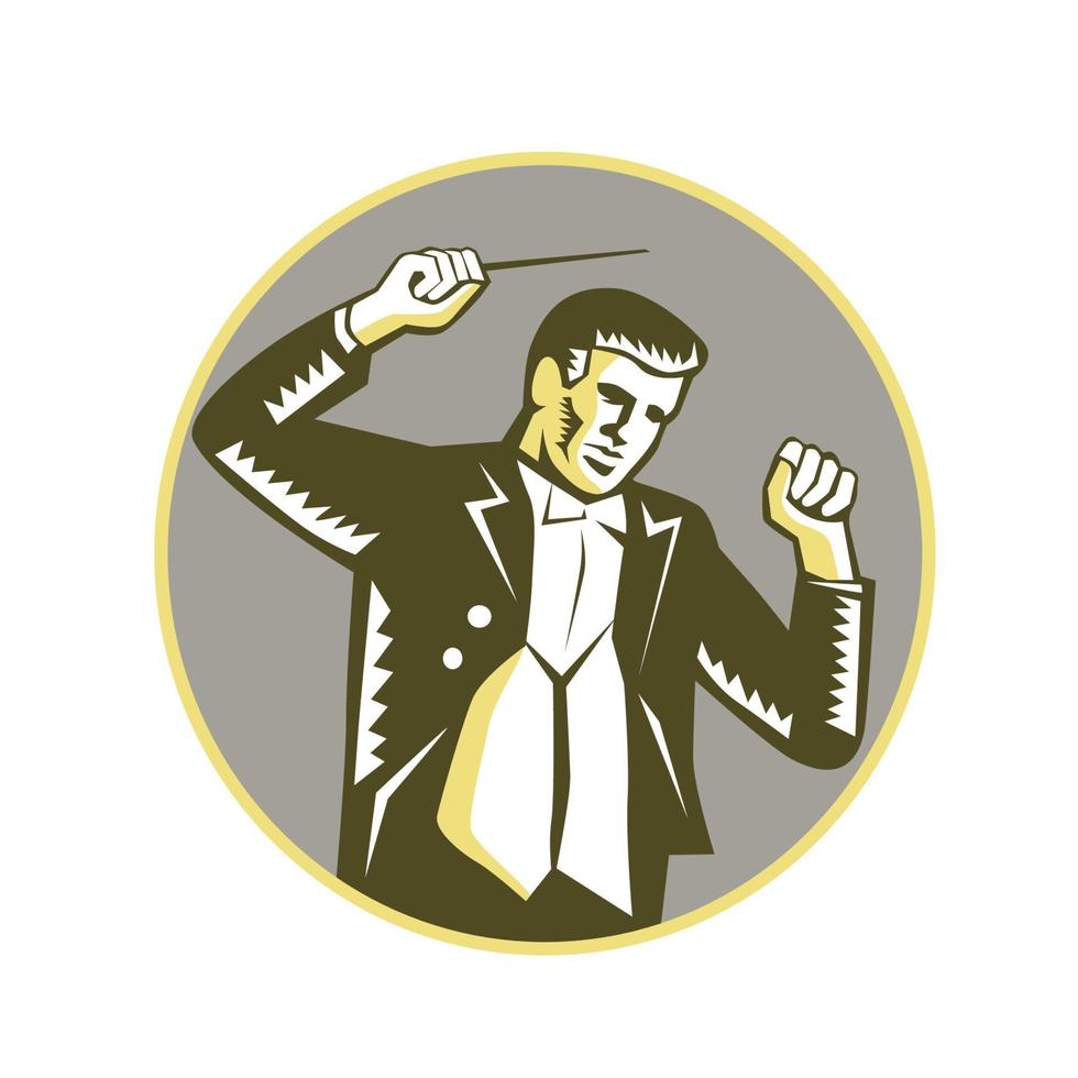 Conductor Waving Baton Circle Woodcut vector