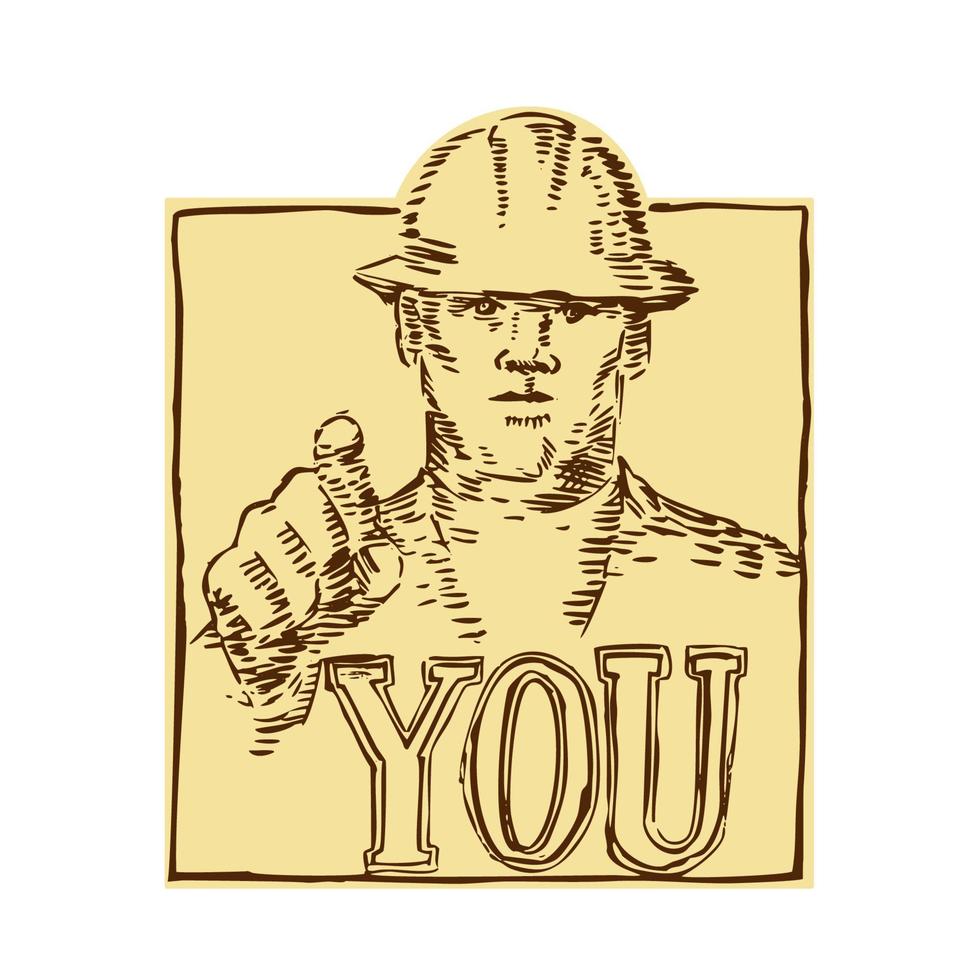 Construction Worker Pointing You Etching vector