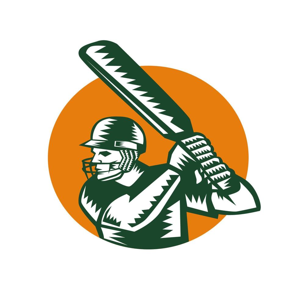 Cricket Player Batsman Batting Circle Woodcut vector