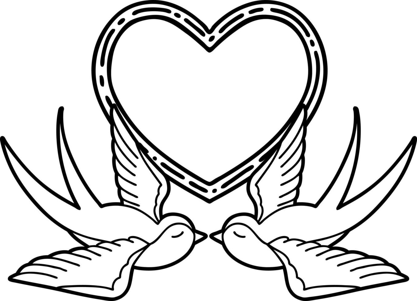 tattoo in black line style of swallows and a heart vector