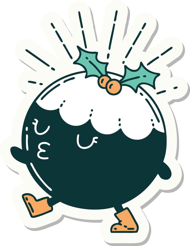 sticker of a tattoo style christmas pudding character walking vector